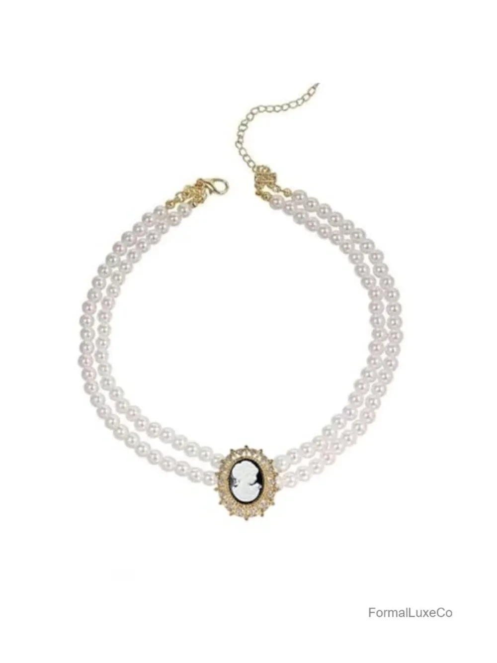 Victorian Cameo Choker Necklace Faux Pearls Crystal Rhinestone Collar